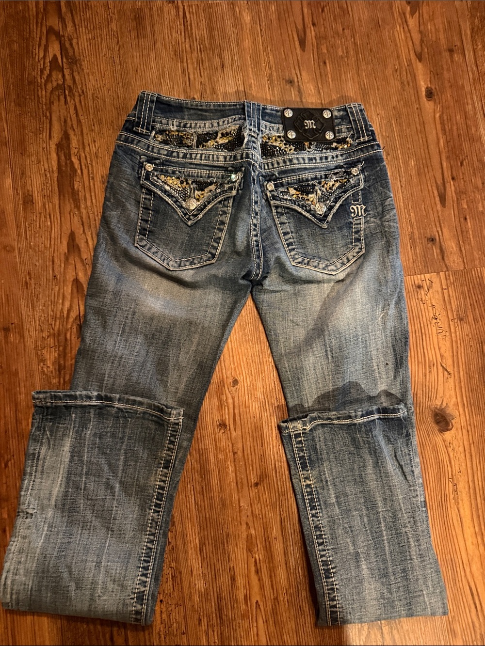 Miss Me Distressed Blue Boot Cut Jeans with Embellished Back Pockets